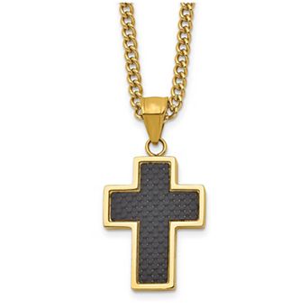 Men's Kristen Kesho Yellow Ion-Plated Stainless Steel Cross with Black Carbon Fiber Inlay Necklace
