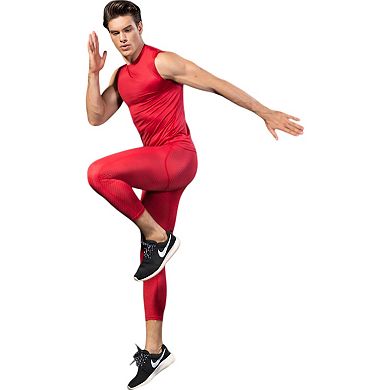 Mens Sleeveless Compression Workout Top with Textured Fabric and Fitted Athletic Cut