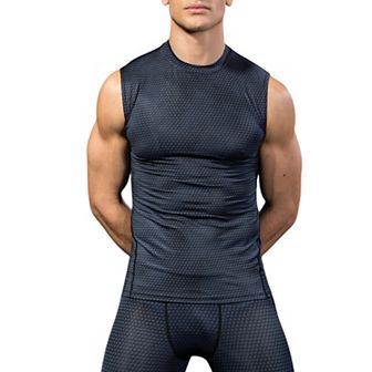 Mens Sleeveless Compression Workout Top with Textured Fabric and Fitted Athletic Cut
