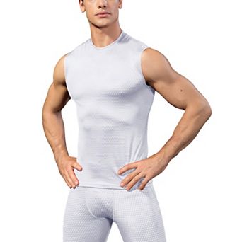 Mens Sleeveless Compression Workout Top with Textured Fabric and Fitted Athletic Cut