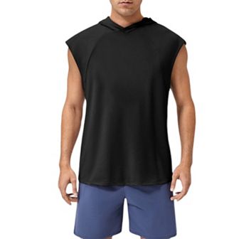 Mens Sleeveless Workout Hoodie with Lightweight Athletic Fit and Crossover Hood Detail