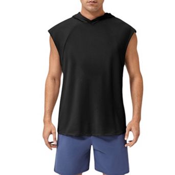 Mens Sleeveless Workout Hoodie with Lightweight Athletic Fit and Crossover Hood Detail