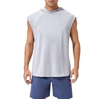 Mens Sleeveless Workout Hoodie with Lightweight Athletic Fit and Crossover Hood Detail