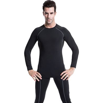Mens Long Sleeve Compression Training Shirt with Crew Neck and Contrast Stitching Detail