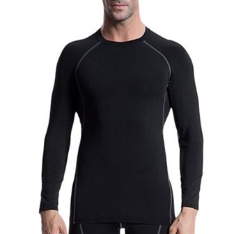 Mens Long Sleeve Compression Training Shirt with Crew Neck and Contrast Stitching Detail