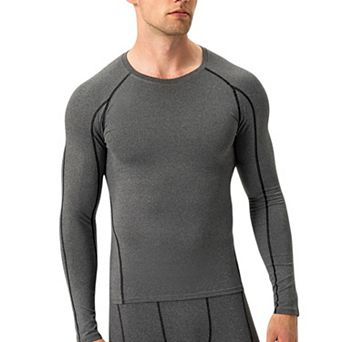 Mens Long Sleeve Compression Training Shirt with Crew Neck and Contrast Stitching Detail