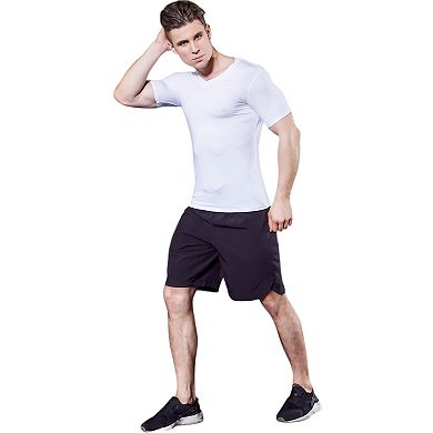 Mens V-Neck Short Sleeve Athletic Shirt with Stretch Fabric and Fitted Silhouette