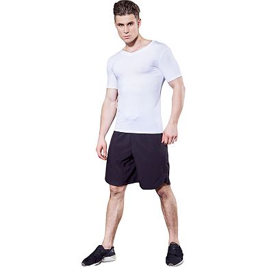 Mens V-Neck Short Sleeve Athletic Shirt with Stretch Fabric and Fitted Silhouette