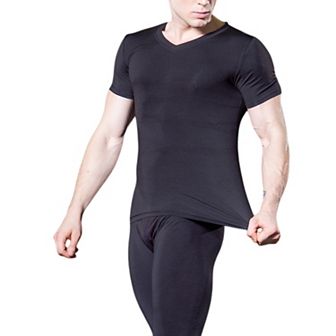 Mens V-Neck Short Sleeve Athletic Shirt with Stretch Fabric and Fitted Silhouette