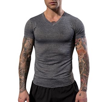 Mens V-Neck Short Sleeve Athletic Shirt with Stretch Fabric and Fitted Silhouette
