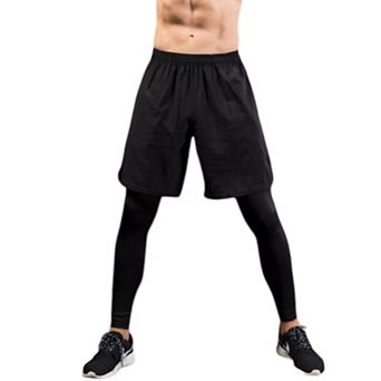 Mens 2-in-1 Athletic Training Shorts with Built-In Compression Leggings and Elastic Waistband