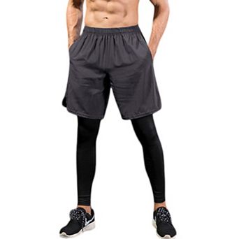 Mens 2-in-1 Athletic Training Shorts with Built-In Compression Leggings and Elastic Waistband