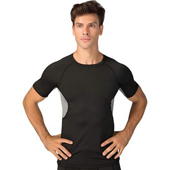 Mens Fitted Short Sleeve Athletic Shirt with Crew Neck and Color Block Side Panels