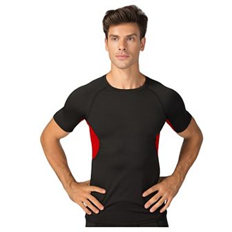 Mens Fitted Short Sleeve Athletic Shirt with Crew Neck and Color Block Side Panels