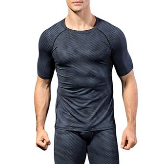 Mens Honeycomb Textured Compression Shirt with Short Sleeves and Stretch Fit