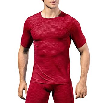Mens Honeycomb Textured Compression Shirt with Short Sleeves and Stretch Fit