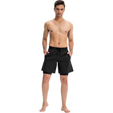 Mens Athletic Training Shorts with Inner Compression Layer and Adjustable Drawstring Waist
