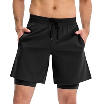 Mens Athletic Training Shorts with Inner Compression Layer and Adjustable Drawstring Waist
