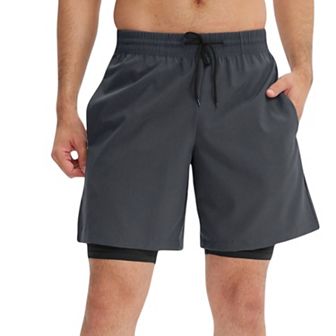 Mens Athletic Training Shorts with Inner Compression Layer and Adjustable Drawstring Waist