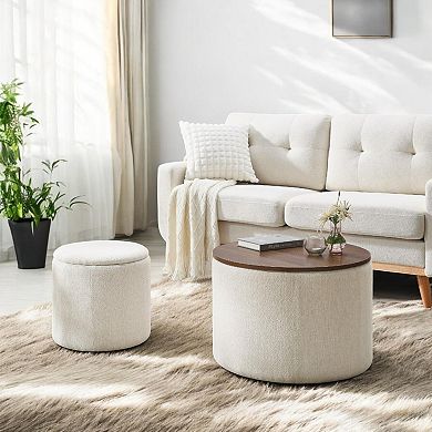 2-Piece Chenille Storage Ottoman Set with Hidden Compartments, Beige