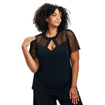 Avenue Women's Plus Size Lacey Flutter Sleeve Lace Top