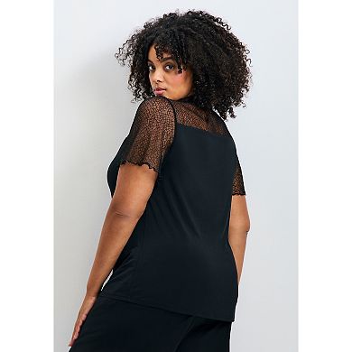 Avenue Women's Plus Size Lacey Flutter Sleeve Lace Top