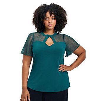 Avenue Women's Plus Size Lacey Flutter Sleeve Lace Top