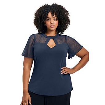 Avenue Women's Plus Size Lacey Flutter Sleeve Lace Top