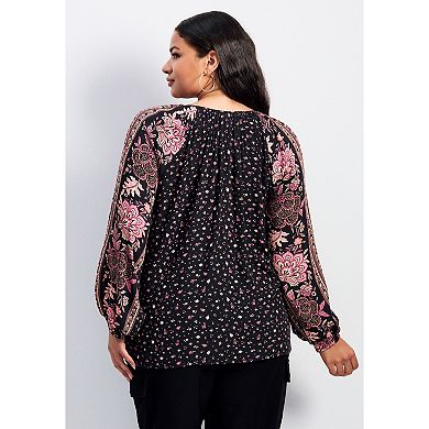 Avenue Women's Plus Size Eliana Border Print Sleeve Peasant Top