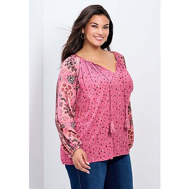 Avenue Women's Plus Size Eliana Border Print Sleeve Peasant Top