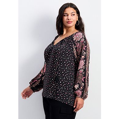 Avenue Women's Plus Size Eliana Border Print Sleeve Peasant Top