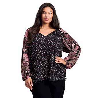 Avenue Women's Plus Size Eliana Border Print Sleeve Peasant Top
