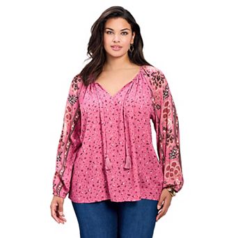 Avenue Women's Plus Size Eliana Border Print Sleeve Peasant Top