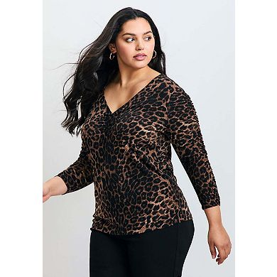 Avenue Women's Plus Size Naomi Print Gathered Sleeve Top