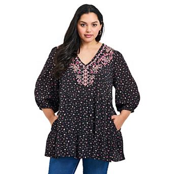 Avenue Women's Plus Size Ditsy Embroidered Tunic