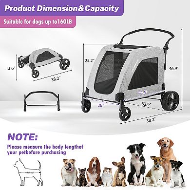 EchoSmile Gray Lightweight Folding Pet Stroller with Adjustable Handles