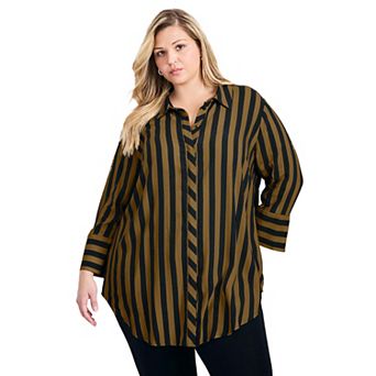 Avenue Women's Plus Size Linear Longline Stripe Shirt
