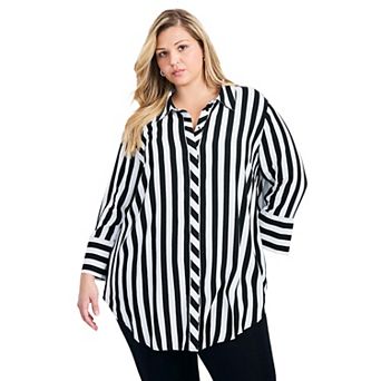 Avenue Women's Plus Size Linear Longline Stripe Shirt
