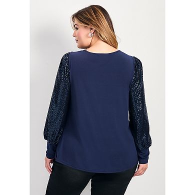 Avenue Women's Plus Size Glam Sequin Sleeve Top