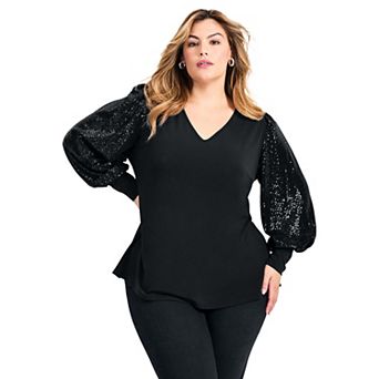 Avenue Women's Plus Size Glam Sequin Sleeve Top