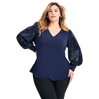 Avenue Women's Plus Size Glam Sequin Sleeve Top