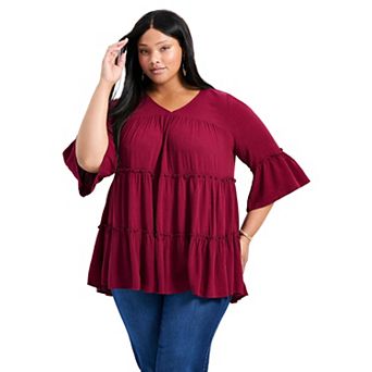 Avenue Women's Plus Size Amy Tiered Bell Sleeve Blouse