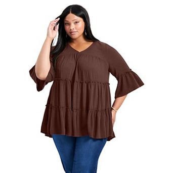 Avenue Women's Plus Size Amy Tiered Bell Sleeve Blouse