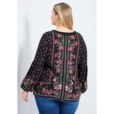 Avenue Women's Plus Size Tamlyn Lace Up Print Top