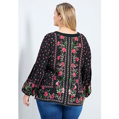 Avenue Women's Plus Size Tamlyn Lace Up Print Top