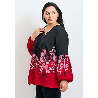 Avenue Women's Plus Size Tamlyn Lace Up Print Top