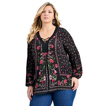 Avenue Women's Plus Size Tamlyn Lace Up Print Top