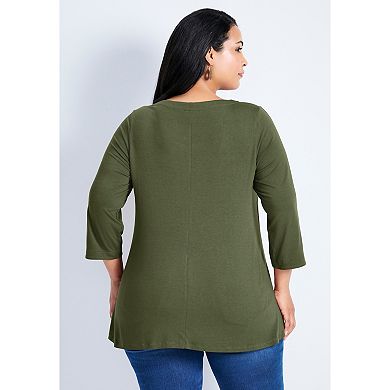 Avenue Women's Plus Size Sabrina Btn Dtl 3/4 Slv Top