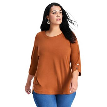Avenue Women's Plus Size Sabrina Btn Dtl 3/4 Slv Top