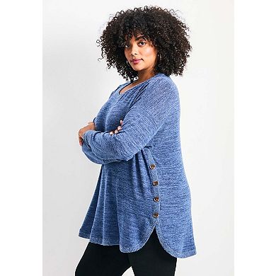 Avenue Women's Plus Size Bec Button Detail Hacci Top